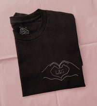 Load image into Gallery viewer, personalised couple initials hand heart embroidered t-shirt