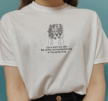 Load image into Gallery viewer, embroidered jenna marbles toothbrush costume 'life is short but also terribly and insufferably long' quote t-shirt