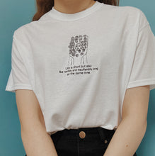 Load image into Gallery viewer, embroidered jenna marbles toothbrush costume 'life is short but also terribly and insufferably long' quote t-shirt