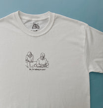 Load image into Gallery viewer, embroidered ron swanson circular desk 'parks and recreation' scene t-shirt