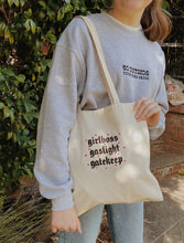 Load image into Gallery viewer, embroidered 'girlboss, gaslight, gatekeep' tote bag