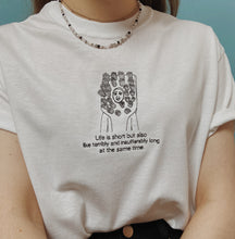 Load image into Gallery viewer, embroidered jenna marbles toothbrush costume 'life is short but also terribly and insufferably long' quote t-shirt