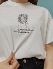 Load image into Gallery viewer, embroidered jenna marbles toothbrush costume 'life is short but also terribly and insufferably long' quote t-shirt