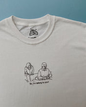 Load image into Gallery viewer, embroidered ron swanson circular desk 'parks and recreation' scene t-shirt