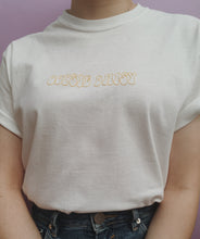 Load image into Gallery viewer, hand embroidered one off yellow oopsie daisy t-shirt