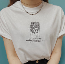 Load image into Gallery viewer, embroidered jenna marbles toothbrush costume 'life is short but also terribly and insufferably long' quote t-shirt