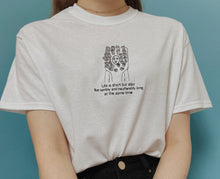 Load image into Gallery viewer, embroidered jenna marbles toothbrush costume 'life is short but also terribly and insufferably long' quote t-shirt