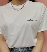 Load image into Gallery viewer, personalised hand embroidered t-shirt with heart sleeve embroidery