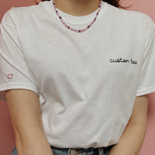 Load image into Gallery viewer, personalised hand embroidered t-shirt with heart sleeve embroidery