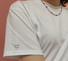 Load image into Gallery viewer, personalised hand embroidered t-shirt with heart sleeve embroidery
