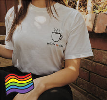 Load image into Gallery viewer, hand embroidered 'spill the equali-tea' t-shirt