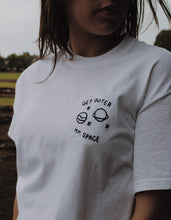 Load image into Gallery viewer, white hand embroidered 'get outer my space' t-shirt