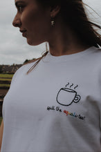 Load image into Gallery viewer, hand embroidered 'spill the equali-tea' t-shirt