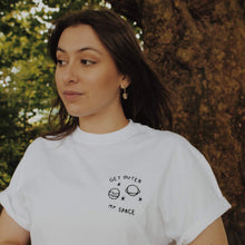 Load image into Gallery viewer, white hand embroidered 'get outer my space' t-shirt