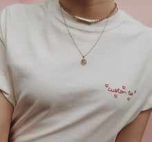 Load image into Gallery viewer, personalised hand embroidered heart border t-shirt