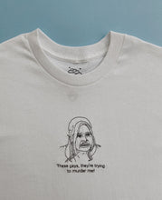 Load image into Gallery viewer, embroidered tanya &#39;trying to murder me!&#39; the white lotus scene t-shirt
