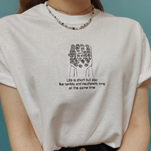 Load image into Gallery viewer, *mistake* embroidered jenna marbles toothbrush costume &#39;life is short but also terribly and insufferably long&#39; quote t-shirt
