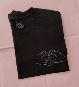 personalised couple initials hand heart embroidered t-shirt