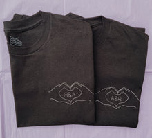 Load image into Gallery viewer, personalised couple initials hand heart embroidered t-shirt
