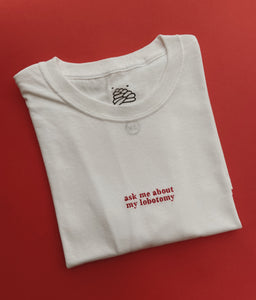 custom 'ask me about...' embroidered t-shirt