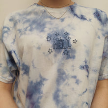 Load image into Gallery viewer, hand embroidered blue tie dye &#39;give &#39;em hell&#39; tee
