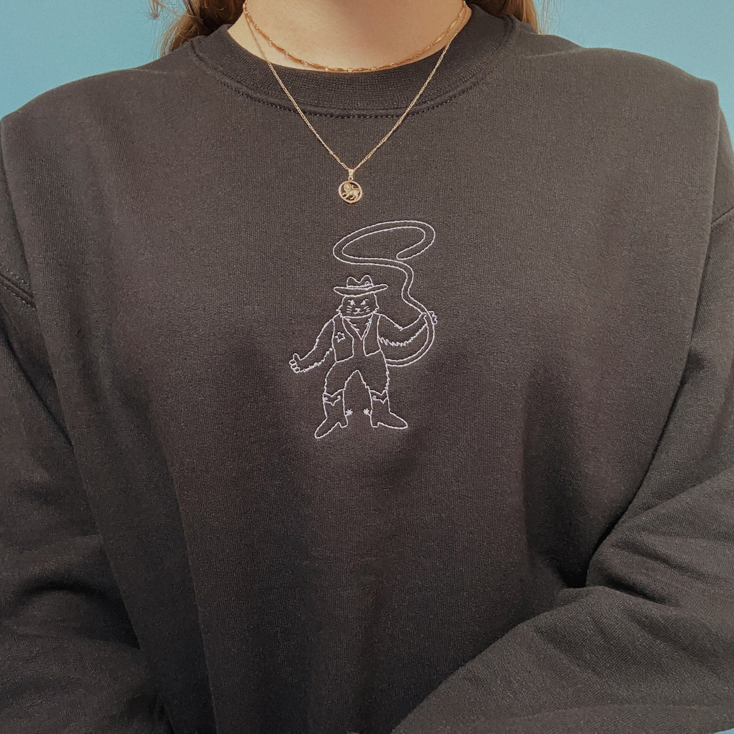 embroidered cowboy cat crew neck jumper