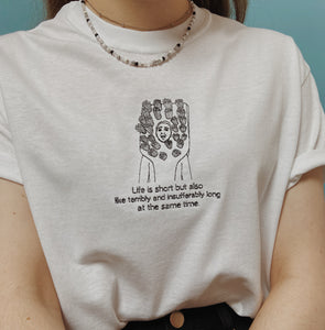 embroidered jenna marbles toothbrush costume 'life is short but also terribly and insufferably long' quote t-shirt