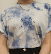 Load image into Gallery viewer, hand embroidered blue tie dye &#39;give &#39;em hell&#39; tee
