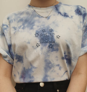 hand embroidered blue tie dye 'give 'em hell' tee