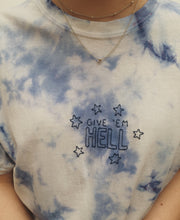 Load image into Gallery viewer, hand embroidered blue tie dye &#39;give &#39;em hell&#39; tee
