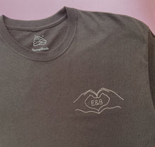 Load image into Gallery viewer, personalised couple initials hand heart embroidered t-shirt
