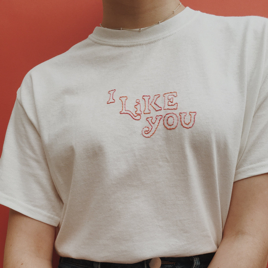 hand embroidered gradient 'i like you' t-shirt