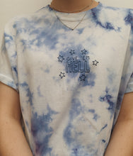 Load image into Gallery viewer, hand embroidered blue tie dye &#39;give &#39;em hell&#39; tee
