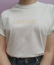 Load image into Gallery viewer, hand embroidered one off yellow oopsie daisy t-shirt
