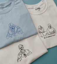 Load image into Gallery viewer, embroidered chris &#39;parks and recreation&#39; scene t-shirt
