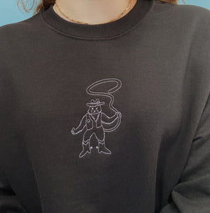 embroidered cowboy cat crew neck jumper