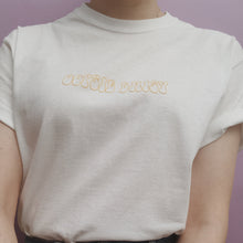 Load image into Gallery viewer, hand embroidered one off yellow oopsie daisy t-shirt
