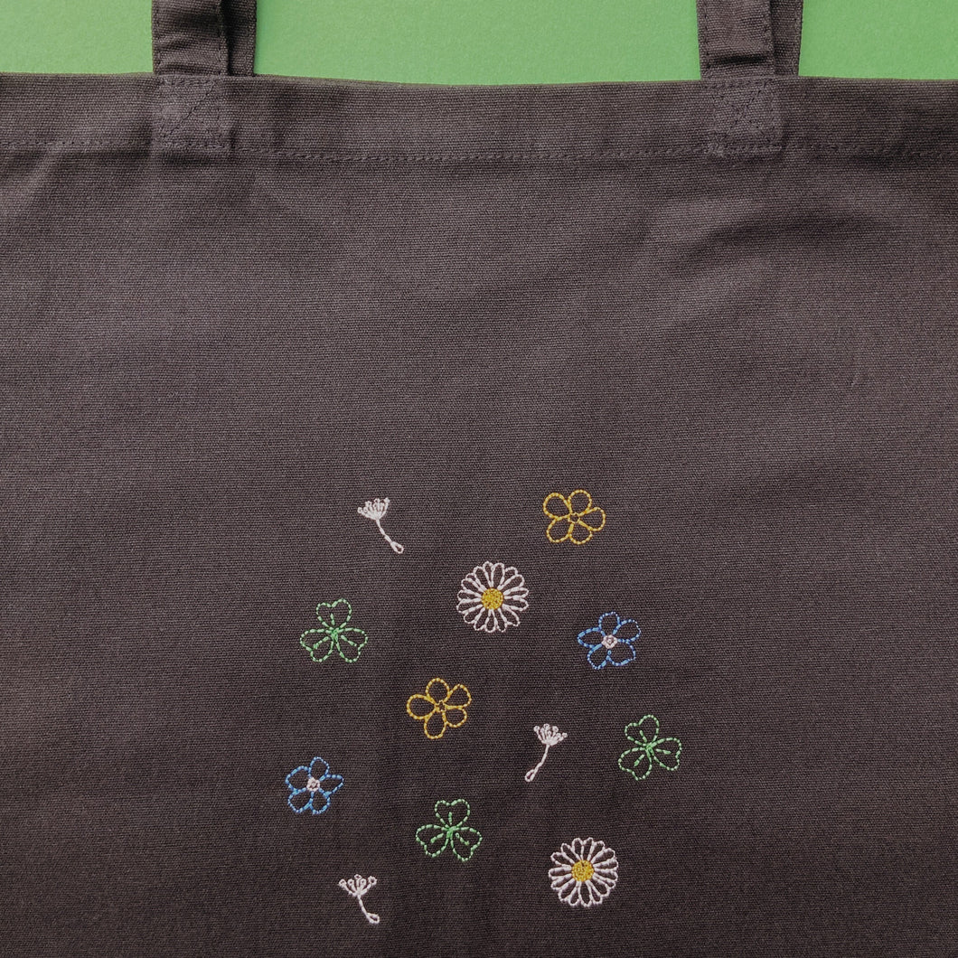 embroidered wildflowers and weeds tote bag