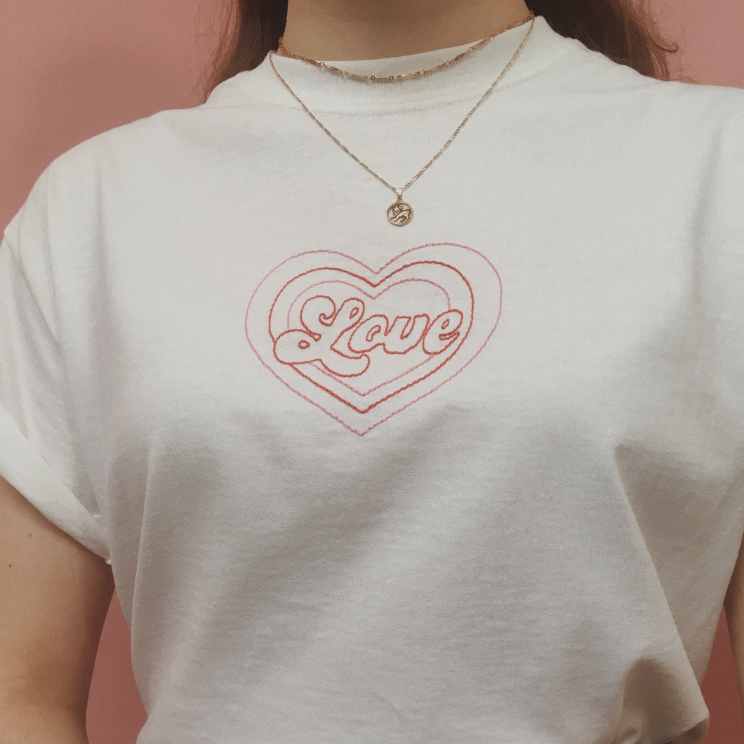 hand embroidered red and pink 'love' t-shirt