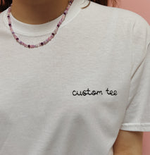 Load image into Gallery viewer, personalised hand embroidered t-shirt with heart sleeve embroidery
