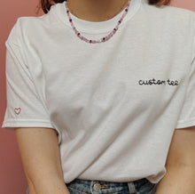 Load image into Gallery viewer, personalised hand embroidered t-shirt with heart sleeve embroidery
