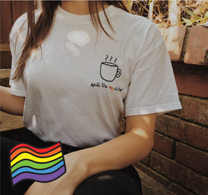 hand embroidered 'spill the equali-tea' t-shirt