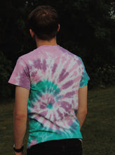 Load image into Gallery viewer, pink, blue, purple + teal spiral tie dye t-shirt
