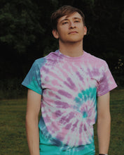 Load image into Gallery viewer, pink, blue, purple + teal spiral tie dye t-shirt
