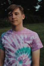 Load image into Gallery viewer, pink, blue, purple + teal spiral tie dye t-shirt
