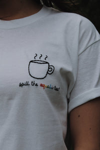 hand embroidered 'spill the equali-tea' t-shirt