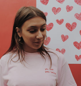 light pink hand embroidered 'you look good today' t-shirt