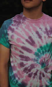 pink, blue, purple + teal spiral tie dye t-shirt