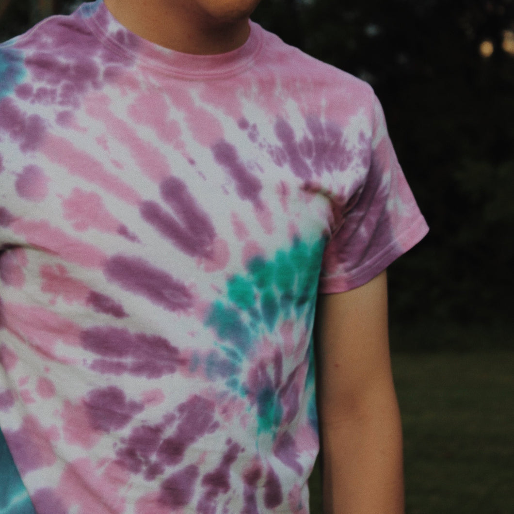 pink, blue, purple + teal spiral tie dye t-shirt