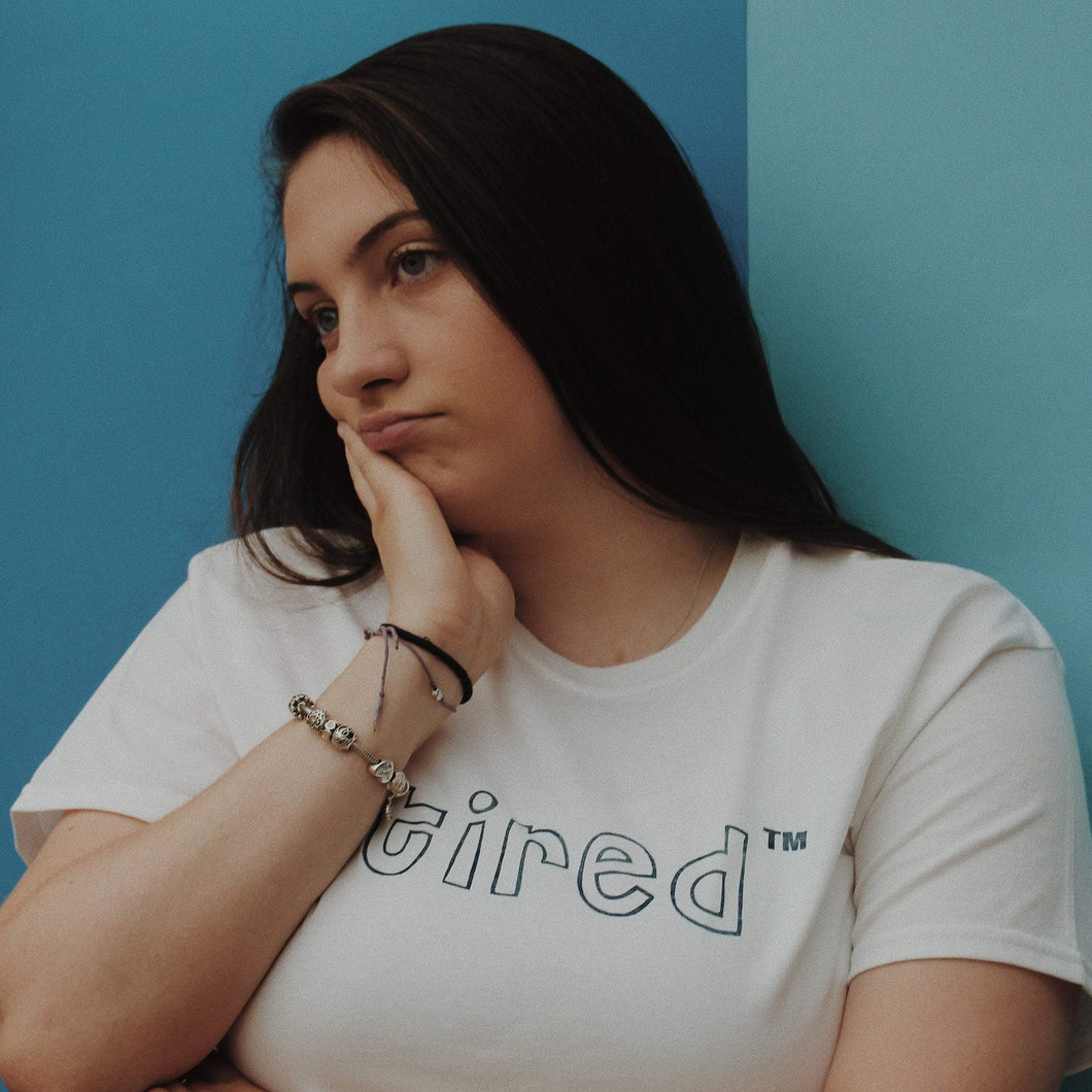 hand printed dark blue 'tired ™' t-shirt